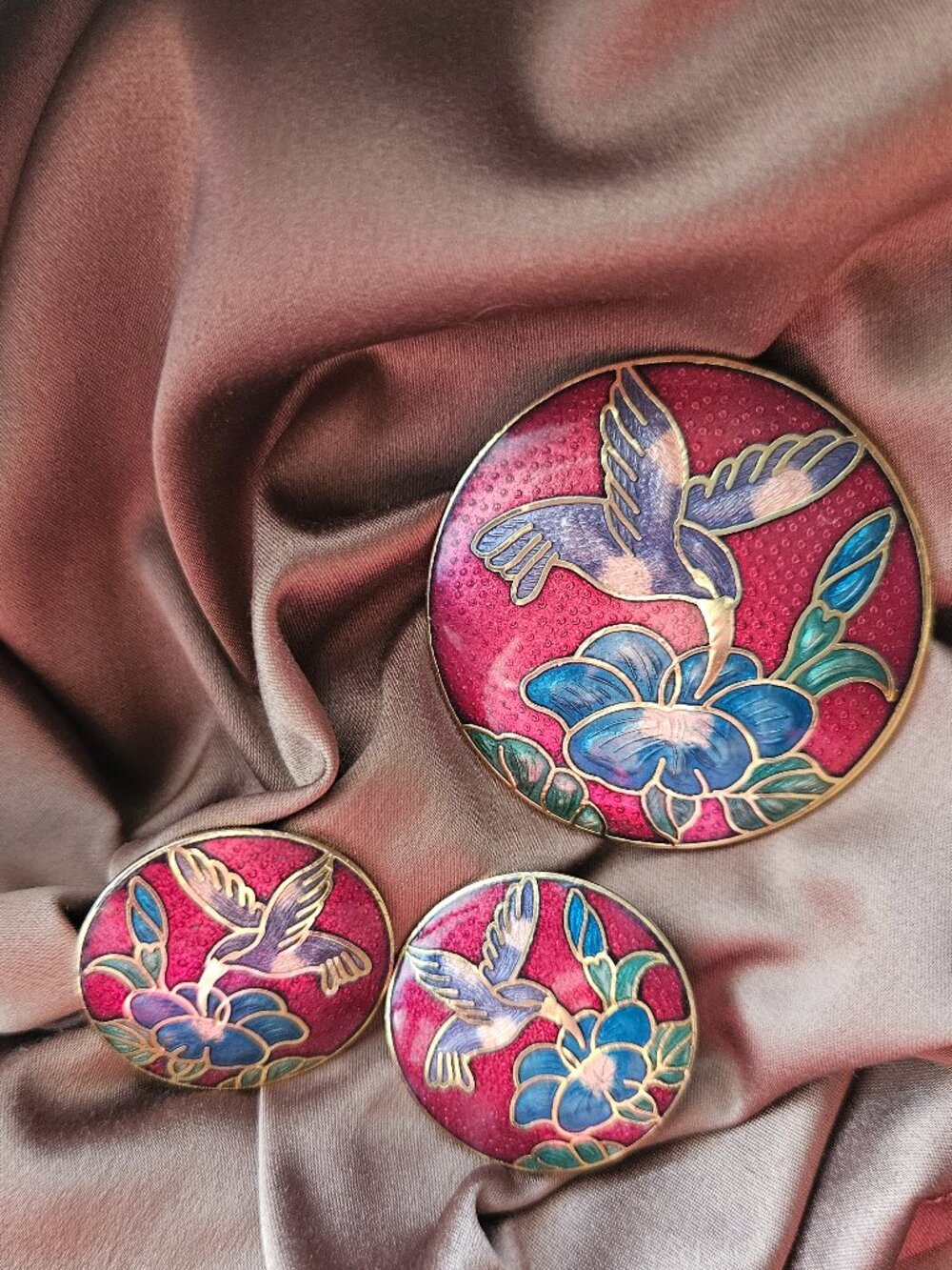 Vintage cloisonné hummingbird earrings and brooch broo